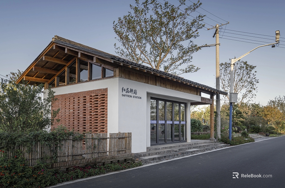 Traditional Chinese Post Station With Wooden Roof White Walls Grille Windows And Roadside Trees 3d model 