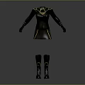 Stylish Black Long Sleeve Dress With Golden Trim And Matching Boots