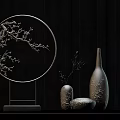Traditional Chinese Decorative Ornament Set With Circular Branch Carving Stand And Ceramic Vases