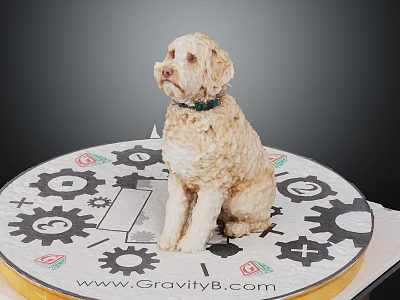 Dog Sitting On Circular Platform With Gear Patterns And GravityB Website 3d model