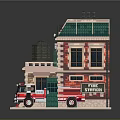 Cartoon Fire Station Scene With Red Brick Building And Fire Truck