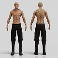 Muscular Man 3D Model with Front and Back Views Black Pants Boots Gray Background 3d model