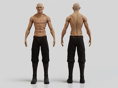 Muscular Man 3D Model with Front and Back Views Black Pants Boots Gray Background 3d model