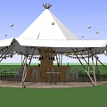 Outdoor Conical Top Tent Bar With String Lights And Wooden Tables Chairs