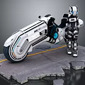 Futuristic White Motorcycle With Blue Accents And Mechanical Armor Figure On Cracked Ground