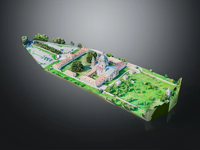 Detailed Architectural Model Showcasing Main Building Green Lawns Trees And Symmetrical Layout 3d model