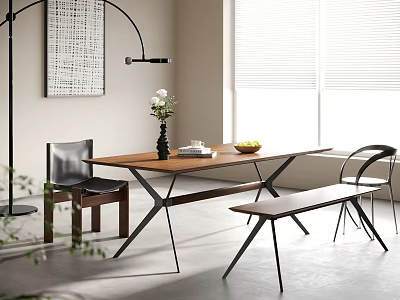 Modern Dining Table Set With Chairs Bench Vase Flowers Fruit Books And Natural Light 3d model