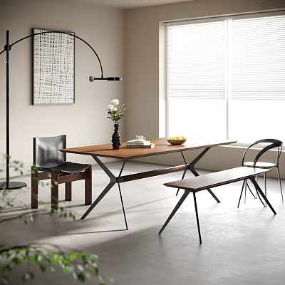 Modern Dining Table Set With Chairs Bench Vase Flowers Fruit Books And Natural Light 3d model