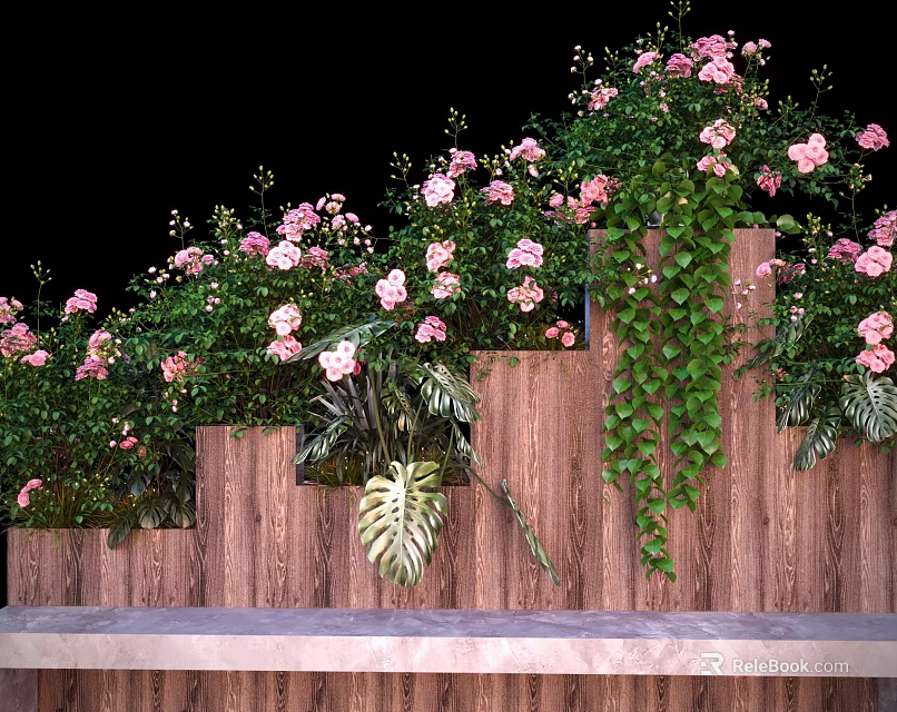 Garden Landscape Seat With Wooden Structure Pink Flowers Green Vines And Lush Plants 3d model 