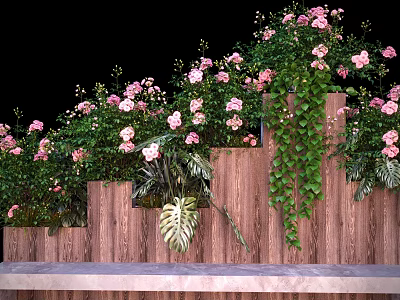 Garden Landscape Seat With Wooden Structure Pink Flowers Green Vines And Lush Plants 3d model