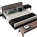 Modern Double Bed With Dark Headboard Gray Pillows Side Nightstands And Brown Bench 3d model