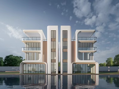 Modern Detached Villa Featuring Large Glass Windows Balconies Water Reflection Green Trees and Blue Sky 3d model