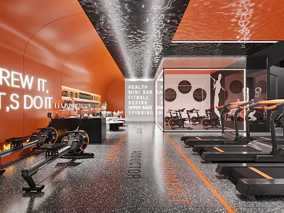 Modern Fitness Gym Interior With Orange Walls Motivational Quotes Rowers And Treadmills 3d model