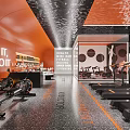 Modern Fitness Gym Interior With Orange Walls Motivational Quotes Rowers And Treadmills