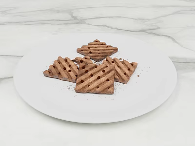 Delicious Chocolate Cookies on White Plate with Striped Pattern Dusted over Marble Countertop 3d model