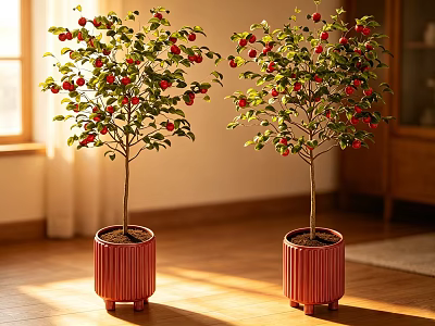 Indoor Bonsai Potted Plants With Red Fruits In Red Striped Pots With Feet 3d model