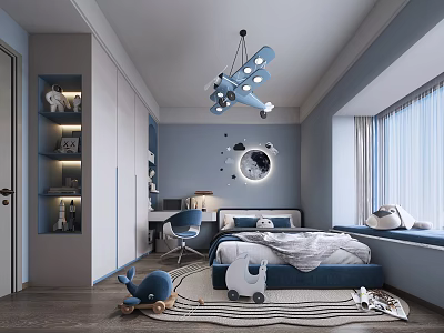 Blue Kids Room Interior With Airplane Chandelier Bed Toys Cabinet And Rug 3d model