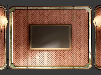 Decorative Screen With Central TV Screen Herringbone Pattern Gold Frame And Side Wall Lamps 3d model