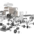 Detailed View Of Mechanical Parts Assembly With Engine Tires Wheels And Components