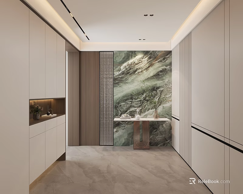 Modern Foyer Hallway Interior With Cabinets Perforated Screen And Landscape Wall 3d model 
