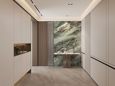 Modern Foyer Hallway Interior With Cabinets Perforated Screen And Landscape Wall 3d model