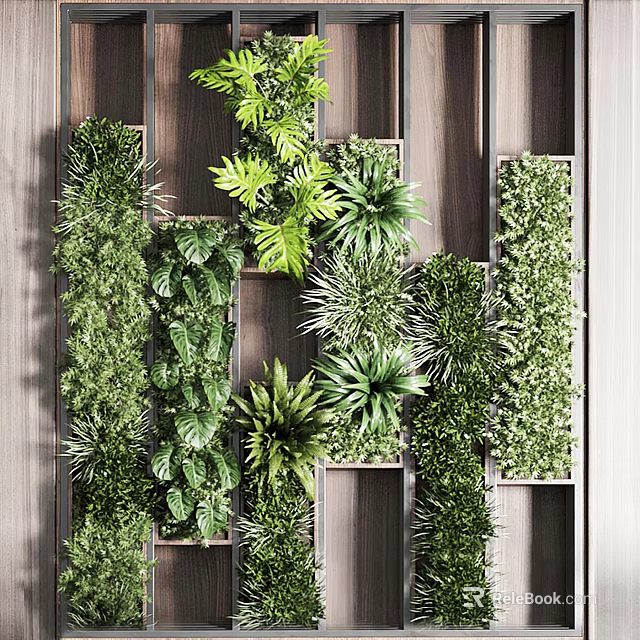 Living Plant Wall With Various Green Plants And Wooden Frame For Indoor Vertical Garden Decor 3d model 