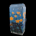 Graffiti Decorated Electrical Equipment Box With Orange Flowers And Purple Leaves On Black Background