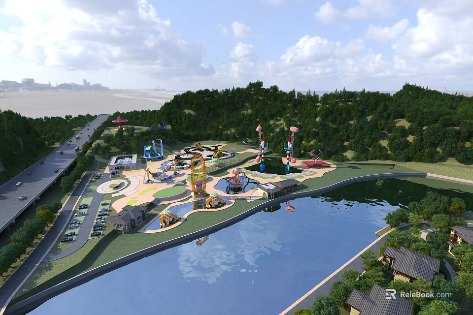 Scenic Amusement Park With Water Rides Roller Coasters Lakeside Trees And Green Lawns 3d model 