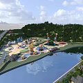 Scenic Amusement Park With Water Rides Roller Coasters Lakeside Trees And Green Lawns