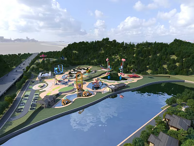 Scenic Amusement Park With Water Rides Roller Coasters Lakeside Trees And Green Lawns 3d model