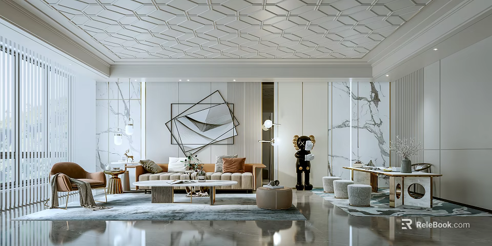 Modern Living Room Interior Design With White Geometric Ceiling Marble Walls And Beige Sofa 3d model 