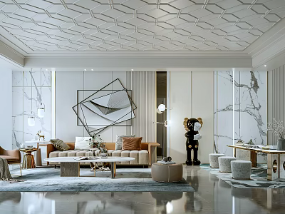 Modern Living Room Interior Design With White Geometric Ceiling Marble Walls And Beige Sofa 3d model