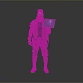 Cyberpunk Character Wearing Goggles Holding Blue Tablet In Futuristic Outfit Standing Against Neutral Gray Background