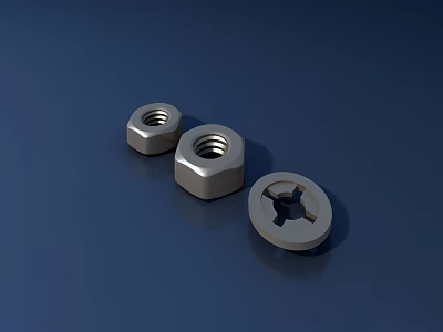 Door Handle Metal Parts Including Three Nuts And One Screw On Blue Background 3d model