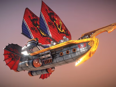 Cartoon Flying Airship With Red Blue Sails Dragon Patterns Yellow Hull And Flaming Details 3d model
