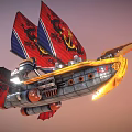 Cartoon Flying Airship With Red Blue Sails Dragon Patterns Yellow Hull And Flaming Details