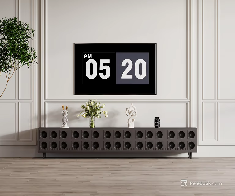 Modern Dark TV Stand With Circular Cutouts And Decorative Items In Living Room 3d model 