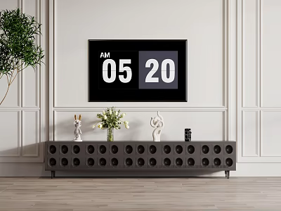 Modern Dark TV Stand With Circular Cutouts And Decorative Items In Living Room 3d model