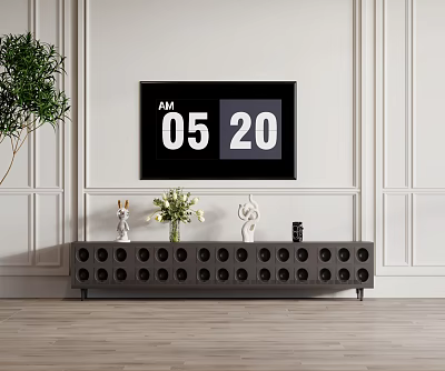 Modern Dark TV Stand With Circular Cutouts And Decorative Items In Living Room 3d model