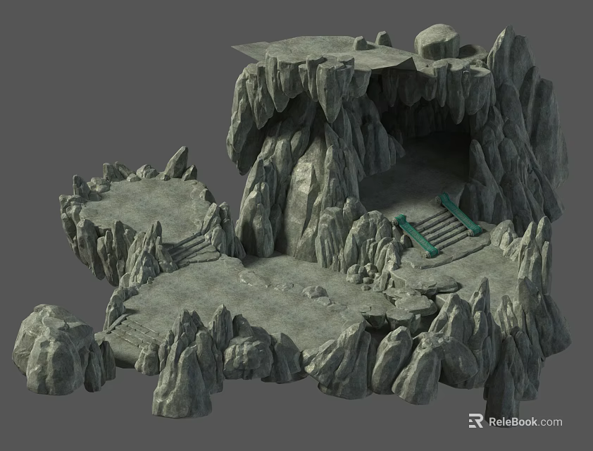 Garden Landscape Design With Rockery Formations Stone Steps And Green Bridge 3d model 