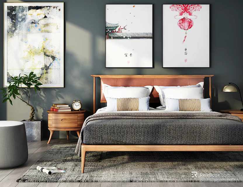 Double Bed with Wooden Headboard Gray Bedspread Pillows Nightstand Decorative Paintings Green Plant and Rug 3d model 