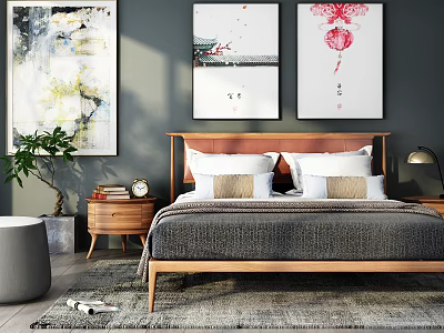 Double Bed with Wooden Headboard Gray Bedspread Pillows Nightstand Decorative Paintings Green Plant and Rug 3d model