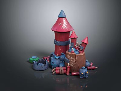 Colorful Cartoon Castle Ruins With Red Towers Blue Barrels And Toy Parts 3d model