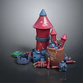 Colorful Cartoon Castle Ruins With Red Towers Blue Barrels And Toy Parts