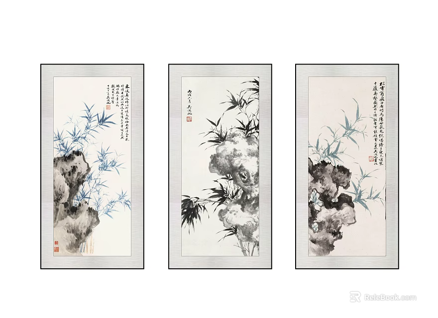 Three Panel Traditional Chinese Plant Paintings With Bamboo Rocks And Calligraphy 3d model 