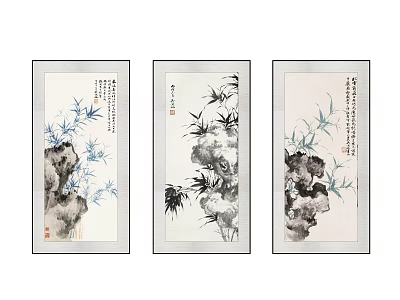 Three Panel Traditional Chinese Plant Paintings With Bamboo Rocks And Calligraphy 3d model