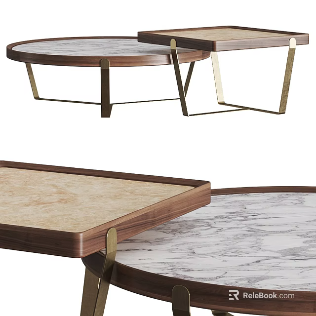 Round and Square Coffee Tables with Marble Tops Wood Frames and Brass Legs 3d model 