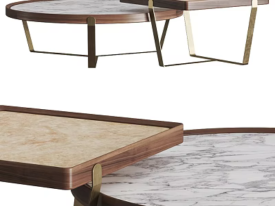 Round and Square Coffee Tables with Marble Tops Wood Frames and Brass Legs 3d model