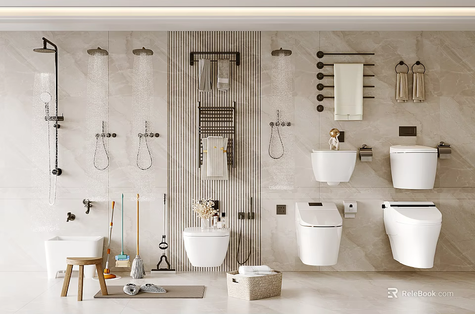 Modern Bathroom Set With Toilets Sinks Shower Fixtures And Towel Racks 3d model 