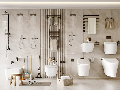 Modern Bathroom Set With Toilets Sinks Shower Fixtures And Towel Racks 3d model